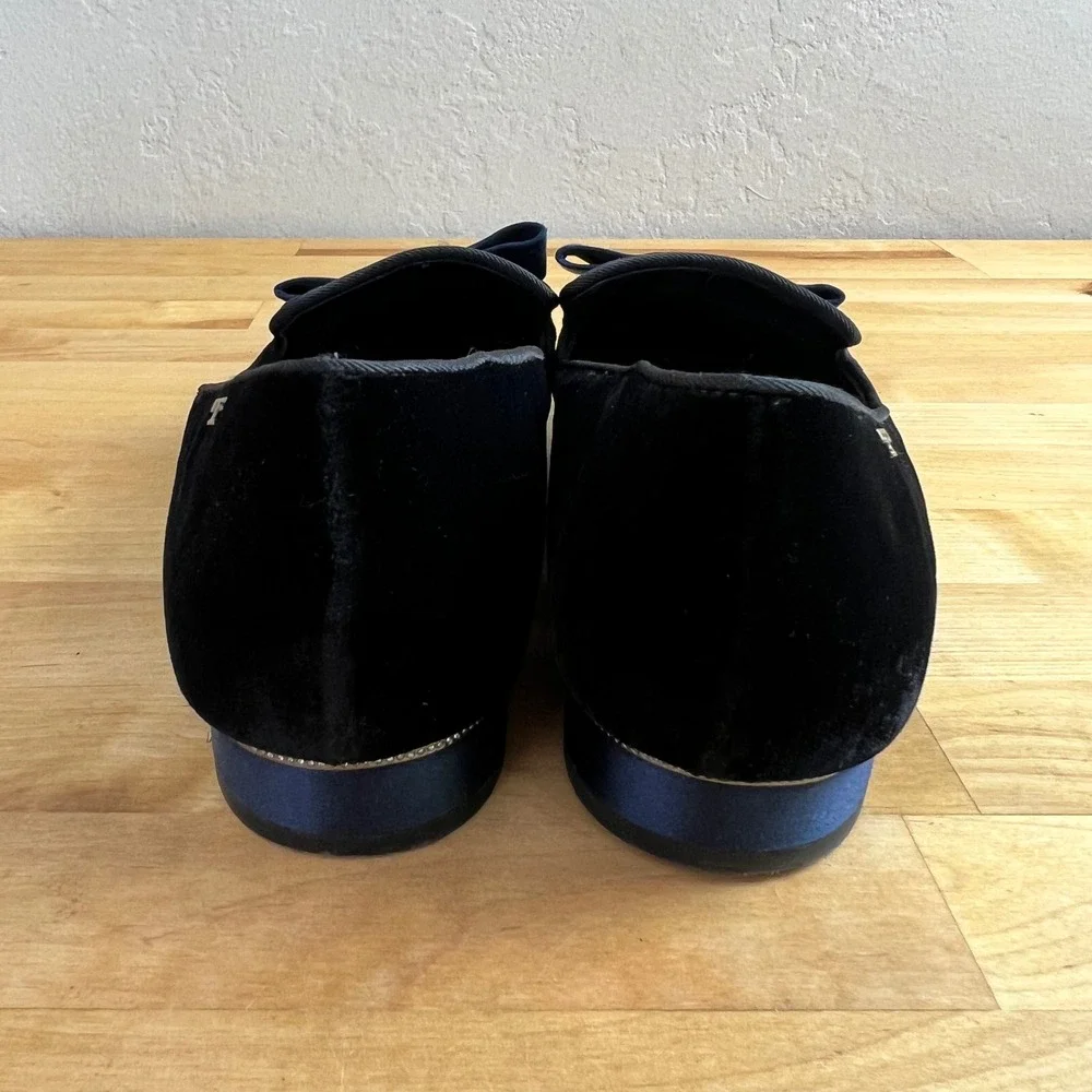 Tory Burch Loafers Gigi Navy Blue Velvet Bow Pointed Toe Slip On Flats Shoes 7.5
